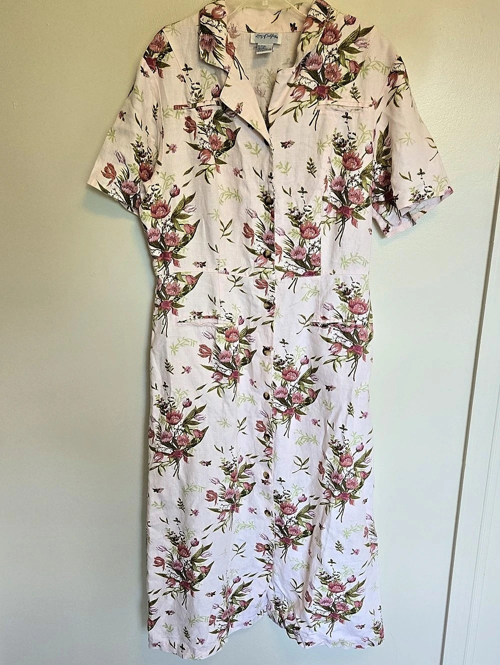 Vintage Lanz of Salzburg Floral 100% Linen Button Up Shirt Dress 12 90s Prairie